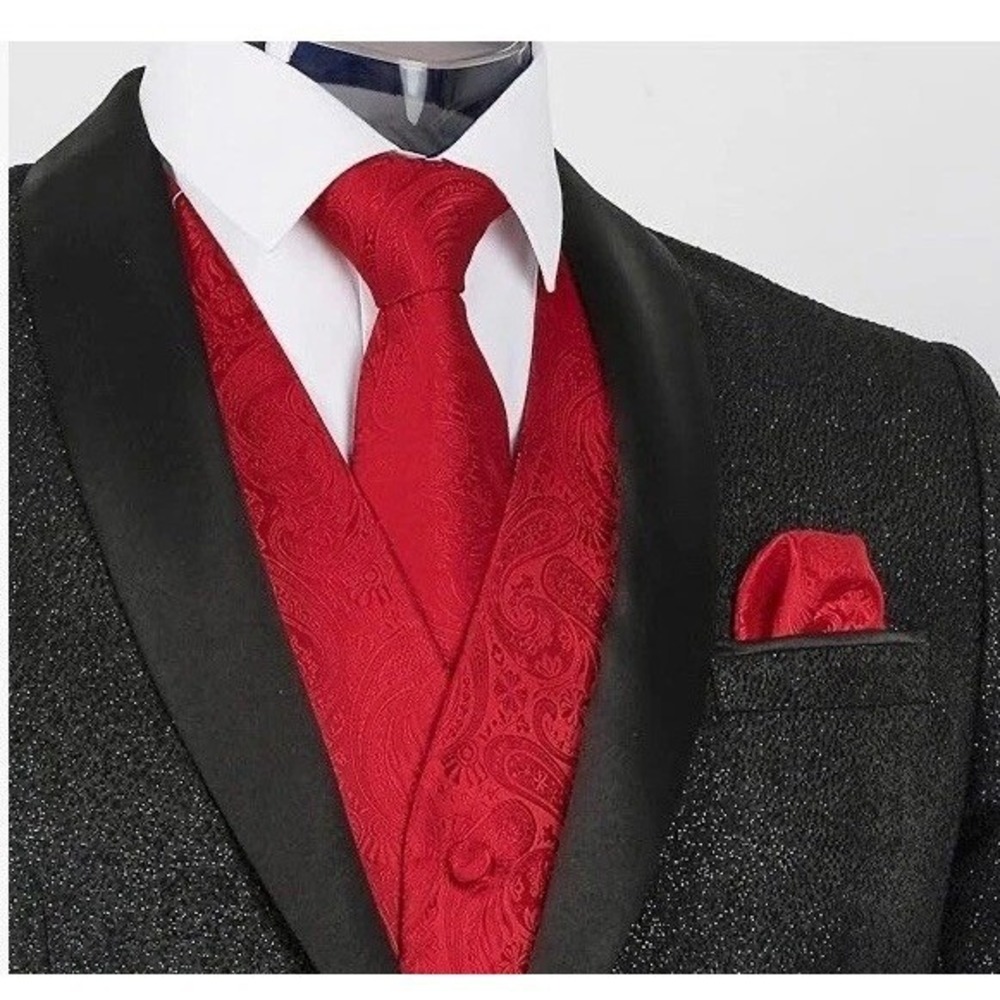 Alizeal Vest Tie Set Mens XL Red Like New Paisley Wedding Formal 4pc Waistcoat
